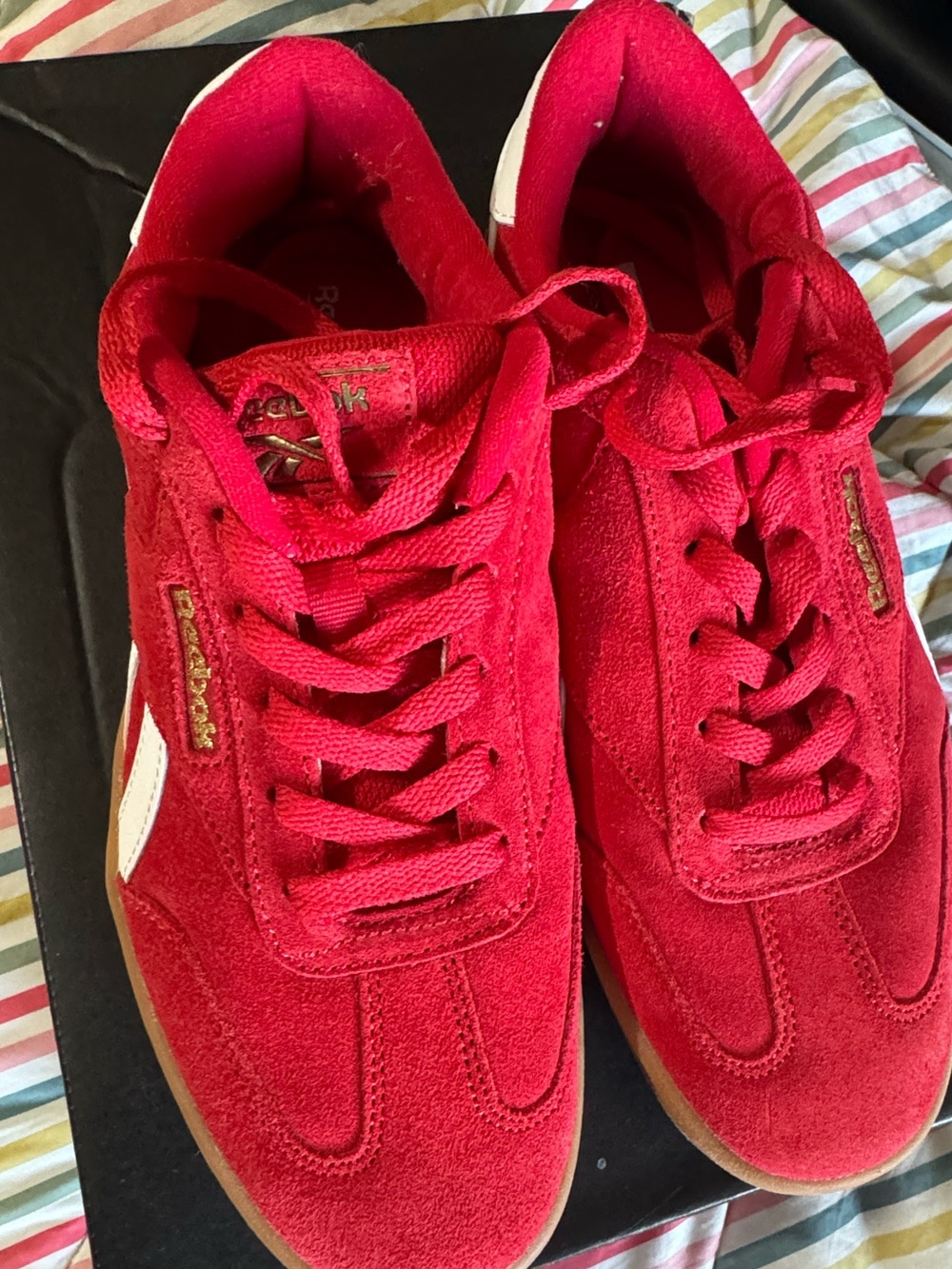 Reebok Red Suede Sneakers with White Stripes and Gum Sole - Picture 9 of 11